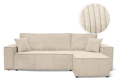 LOUNGITUDE Canapé Farah d'angle Convertible et réversible 4 Places en Velours côtelé