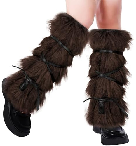 JIAHG Halloween Viking Warrior Costume Leg Arm Warmers Brown Faux Fur Boot Cuffs Wrist Guards with Straps Fluffy Long Boot Covers Arm Wrap for Women