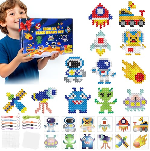 Juego de perlas grandes de 10 mm, 19 colores, 1300 unidades XL con placa de conexión, 12 patrones de criaturas espaciales, 8 cordones y 5 papel de planchado, manualidades creativas para niños a partir
