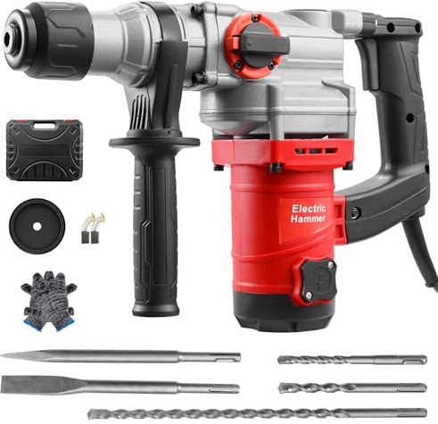 SDS Plus 1900 W, manico antivibrazione e frizione di sicurezza, con accessori, scalpello e valigetta, per calcestruzzo, muratura, pareti, due modalità. Il diametro massimo di perforazione nel
