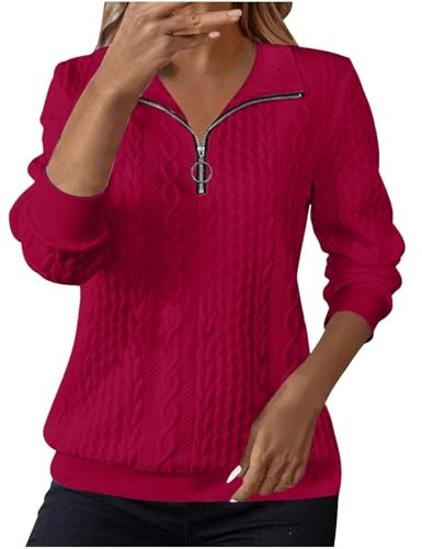 Hoodies for Women UK Women's Jumpers for Women UK Sweatshirts Lapel Half Zip Pullover Knit Cable Ladies Sweatshirt Long Sleeve Tops Fall Winter Sweaters Warm Hoodies Outfit Clothing Wine M