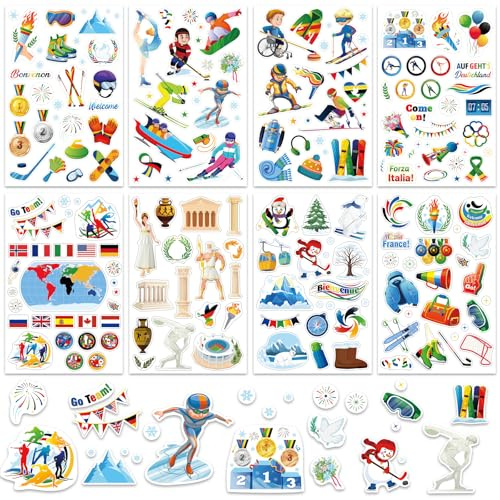 DPKOW 24 x Sports Hiver Autocollants Stickers pour Artisanat Scrapbooking Album Bullet Journal, Sports Hiver Gommettes Stickers Médailles Drapeaux Torche Athlète Flocons de Neige Ski Patinage Luge