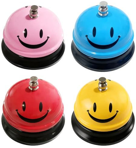 GOEDCH 4 campanas de mesa: timbre de mesa de metal con timbre nítido, campana de servicio de 4 colores, timbre de llamada de diseño sonriente, timbre de mesa, timbre de recepción, para restaurantes