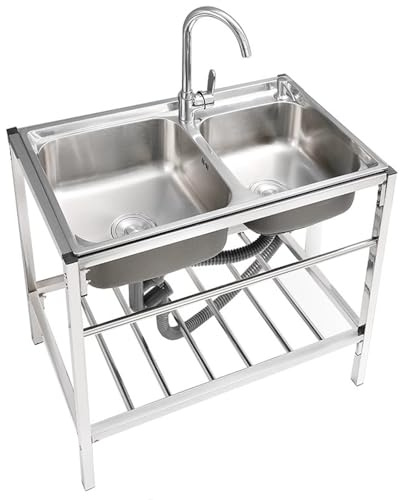 Lavello autoportante a doppia vasca in acciaio inox, stazione di lavaggio portatile con rubinetto, ripiano per acqua calda e fredda e kit di scarico per lavanderia (82 x 45 x 75 cm)