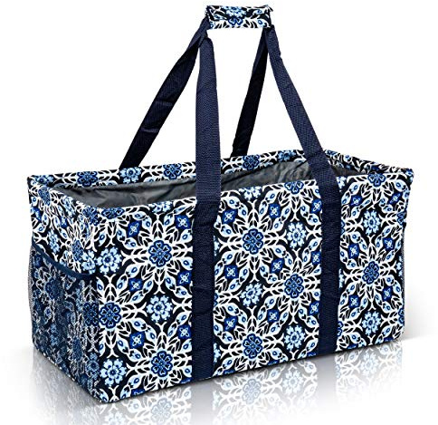 Lucazzi Extra Large Utility Tote Bag - Oversized Collapsible Reusable Wire Frame Rectangular Canvas Basket With Two Exterior Pockets For Beach, Pool, Laundry, Car Trunk, Storage - Blue Snowflake