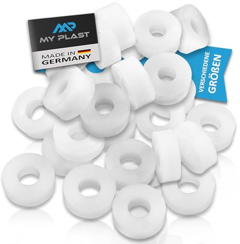 My Plast Distanzstücke – Distanzhülsen für Terrassen-Bau, runde Ausgleichsplättchen aus Kunststoff, 25 x 6,3 x 8 mm, 10 Stück, Natur
