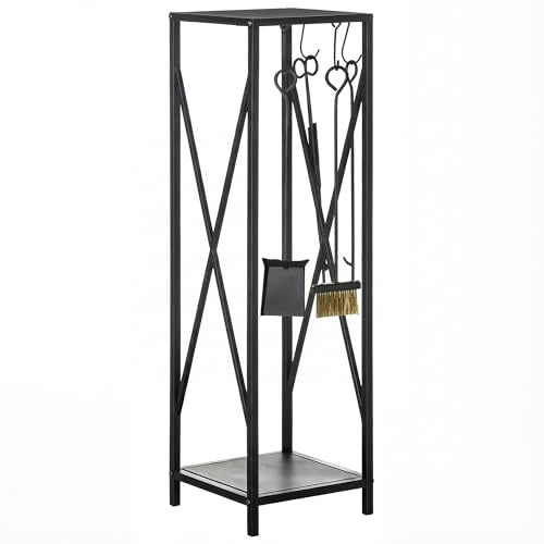 Outsunny Porte Bûches Colonne Intérieur 34L x 34l x 111H cm Noir | Serviteur de Cheminée, Multi Accessoires, Range Bûches Métal