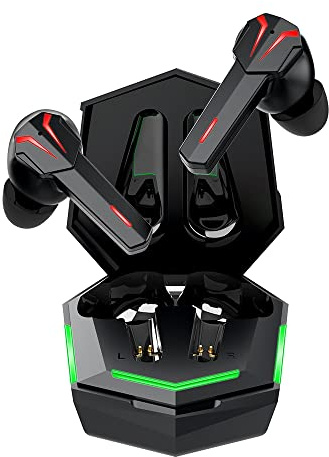 RANZAH Trådlösa spelhörlurar LED vattentäta Bluetooth-hörlurar brusreducerande spelöronsnäckor inbyggd mikrofon hiFi-ljud låg latens dubbelt läge automatisk parning 25 timmars speltid med fodral