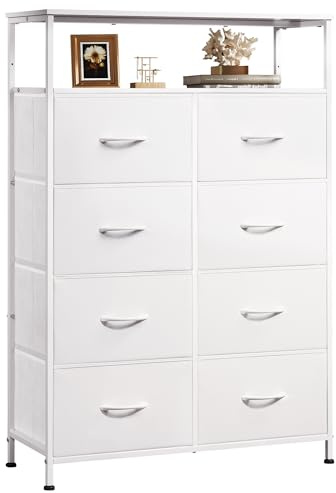 WLIVE Fabric Dresser for Bedroom with Open Shelves, Tall White Dressers with 8 Drawers, Storage Tower with Fabric Bins, Chest of Drawers for Closet, Hallway