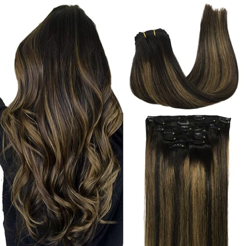 GOO GOO Clip in Human Hair Extensions, 24inch 120g 7pcs,Hair Extensions Clip in, 1B/6/1B Balayage Black to Chestnut Brown
