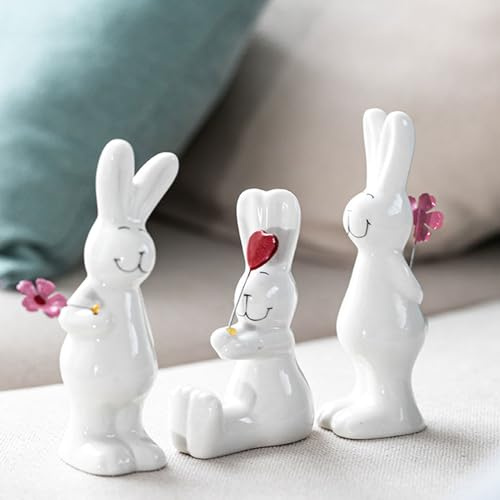 Osterdeko Osterhase Figuren, 3er Set Osterdeko Modern Porzellan Hasen, Keramik Osterhase Deko, Tischdeko Ostern, Osterhase Keramik, für Frühling Ostern Deko auf Kommode Regalen Tisch