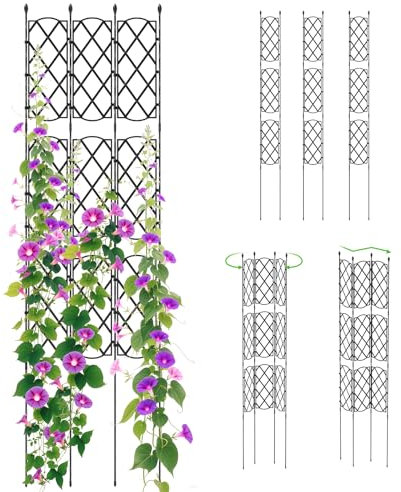 TANGZON 48 x 164cm Garden Trellis for Climbing Plants, Adjustable 3-Pack Plant Support Frame, Rustproof Metal Flower Rose Stand Cage for Raised Garden Bed, Outdoor Privacy Screen Trellis