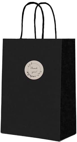 Pack 60 Bolsas medianas papel kraft negro y 72stickers 30x22x10cm, con pegatinas, con asas, bolsas para negocios, bolsa regalo,cumpleaños, bolsas comuniones y bodas (Negra Mediana 120gr)