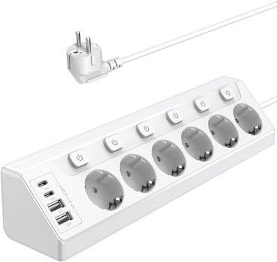 Vipwell Ecksteckdose mit Unabhängigem Schalter，Steckdosenleiste Mit 4 USB (2 USB C)+6 Fach Steckdose Mit Kindersicherung, 3680W, 2M Verlängerungskabel für Küche, Büro, Haushalt (Weiß)
