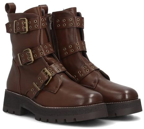 shoes&blues.es Botines para Mujer con Suela de Plataforma, Adornado con Multiples Tiras Decorativas con Hebillas y Tachuelas metalicas, con Cierre de Cremallera. Ideal para Otono Invierno.