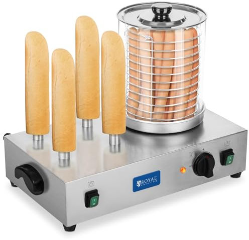 Royal Catering Hot Dog Maschine Gastro Hot-Dog Maker Professionell RCHW 2300 (Leistung 1100 Watt, Temperatur 0-95 °C, Zylinderhöhe 24 cm, Zylinderdurchmesser 20 cm, 4 Toaststangen)