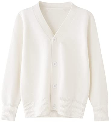BINIDUCKLING Cardigans d'école à col V pour garçons et filles, manches longues, tricot boutonné pour uniforme scolaire, blanc, 8-9 ans