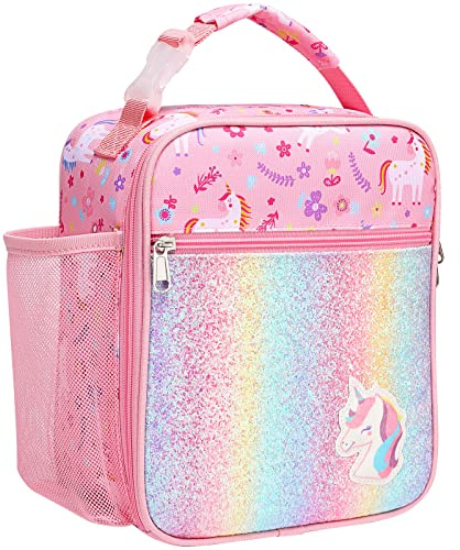 Bagseri Kids Lunch Box for Girls - Insulated Toddler Lunch Bag Fits Bento Box, Reusable Daycare Cooler Tote with Clip Handle, Water-Resistant Lining, Glitter Pink Unicorn