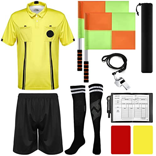 Hicarer 6 Pcs Soccer Referee Kit Football Package for Men Soccer Referee Costume Shirt Linesman Flags Whistle Cards Sport Accessory for Adult Teenager(Large)