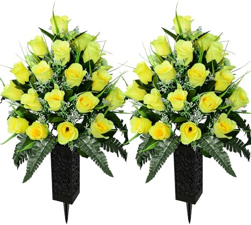 SIFOEL 2 Stück Künstliche Friedhofsblumen mit Vase, Künstliche Rose Grabdenkmal Blumen für Friedhof Grabsteine Dekoration (Yellow-24T)