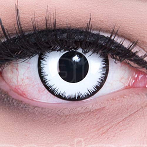 Lentilles couleur blanche noir - vampire zombi lunatic. Pour Halloween, Fantaisie, Carnaval + étuis à lentilles de contact I 1 paire (2 pièces) I sans correction I 0,00 Dioptries MERALENS