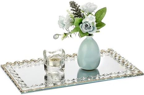 SUMTree Rectangle Crystal Decorative Tray with Mirrored Base - Perfume Vanity Display, Jewelry Trinket Organizer for Dresser, Decorative Cake Serving, Makeup Display - 35 * 20 * 2cm