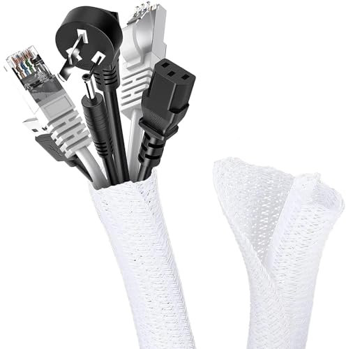 Romon 3m Kabelschlauch, 16mm-25mm Zuschneidbar Kabelkanal Selbstschließend, Flexibler Gewebter Kabelmantel, Spiralschlauch für TV PC Heimkino Automobilkabel, Kabelmanagement Bissfest für Hund- Weiß
