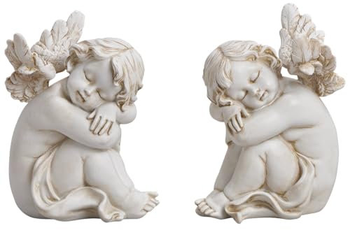 Wetterfeste Grabengel Figuren Deko Set - Sitzende Engel ausgefallene Grabdeko aus Kunststein in Grau - Engel 9 x 13 cm Grabdekoration, Trauergeschenk für Hinterbliebene & Grabschmuck für Friedhof