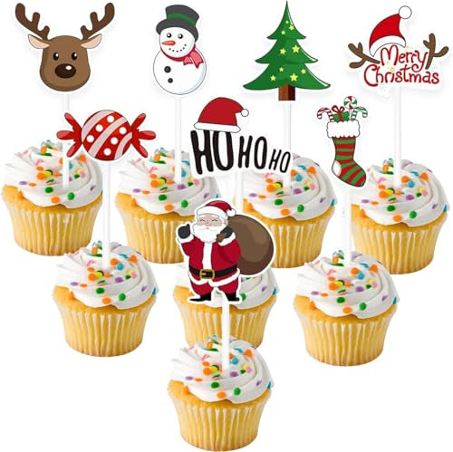 iwiio 24Pcs Christmas Cupcake Toppers - Santa Claus, Tree, Snowman, Sock, Candy Theme Merry Christmas Cake Toppers for Party Table Decoration