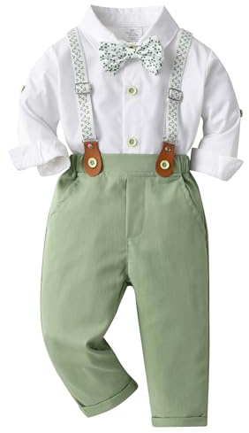 Happy Cherry - Trajes de Caballero Niño para Bautismo Fiesta Traje de Boda Bebé Invierno con Manga Larga Conjunto de Bautizo Ropa de Ceremonia Camisa Pantalones Pajarita Tirantes - 4-5 Años - Verde