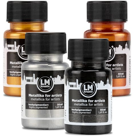 LM-Kreativ Metallika for Artists 4x50ml - Set Glamour - Metallic Acrylfarbe/Bastelfarbe. Für kreative Projekte auf Holz, Leinwand, Keramik. Hochdeckend, lichtecht. Für Künstler und Bastler