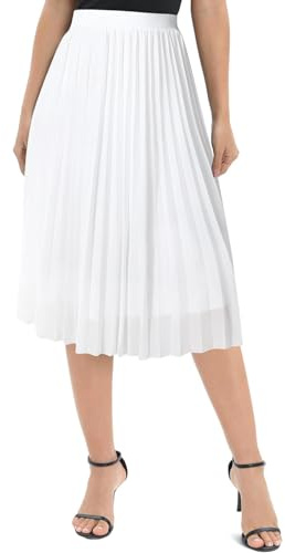 Genfien Damkjolar elegant chiffong elastisk midja A-linje veckad knälång midikjol med foder sommar bas, Vitt, S