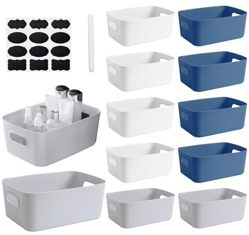 GAOHAN 12 Packs Plastic Storage Boxes with Handles, 3 Colours Small Portable Storage Boxes, Cupboard Organiser Baskets for Kitchen, Bathroom, Office, Home