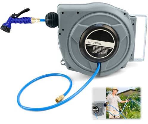 Carrete Manguera Jardín 20 Metros, Retractil Manguera Enrollador Jardín, Portamangueras Pared, Giratorio 180°, Boquilla de Riego con 6 Patrones de Rociado Ajustables, para Césped Riego y Lavado