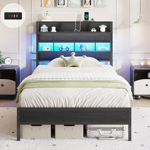Bett 90x200 mit LED Beleuchtung & Ladestation (3 USB&1 Typ-C-Anschluss),Metallbett mit Lattenrost Bettgestell mit Stauraum Kopfteil aus Leinen,Jugendbett Einzelbett Gästebett Bettrahmen (90×200cm)