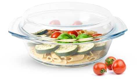 Sendez Fuente redonda de 2,8 l con tapa de vidrio de borosilicato, resistente al calor, diámetro de 22 cm, molde transparente para horno