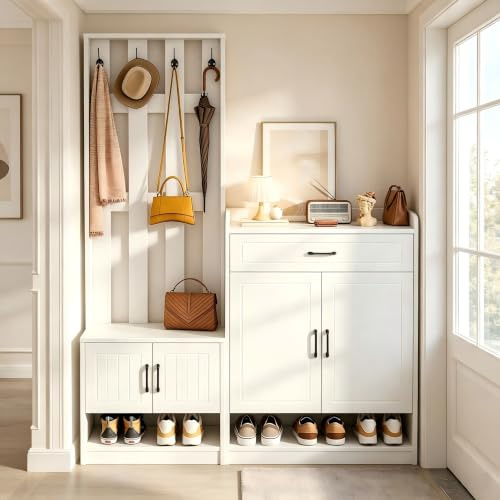 VILUXE Ensemble de garde-robe blanc 140,6 x 32 x 180 cm, 3 en 1 avec panneau cintres, armoire à chaussures, étagère à chaussures, 4 crochets, tiroirs, portes, étagère réglable, meubles de couloir mat