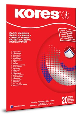 Kores - Papier Carbone Bleu pour l'Écriture Manuscrite, Non Maculable et Réutilisable, Fournitures Scolaires et de Bureau, Format A4, 21 x 29,7 cm, Paquet de 20 Feuilles