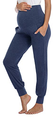 AMPOSH Women's Maternity Pants Stretchy Lounge Workout Pants Casual Loose Comfy Pregnancy Joggers with Pockets(Heather Navy, L)