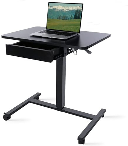 CLATINA Mobile Laptop Standing Desk, Height Adjustable Pneumatic Rolling Sit to Stand Desk Table with Drawer and Lockable Wheels for Home Office, Computer Workstation 71 x 48 cm Round Edge Design