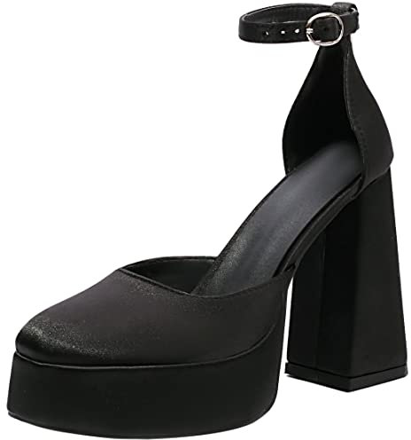 KISSASA Satin Chunky High Heel Platform Pumps Ankle Strap Square Toe Heels Wedding Party Shoes Size 5UK,Black