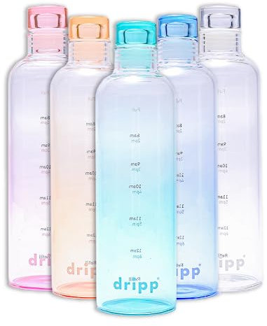 DRIPP 500ml Glass Water Bottle BPA-Free Leak Proof Ideal for School Home Office Travel Sport Yoga Gym Hot Cold Drinks Motivational Drinking Bottle with Time Markings (Green)