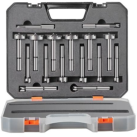 VEVOR Forstner Bit Set, 16 Pcs Forstner Drill Bits Set, 1/4 to 1-5/8, Carbon Steel, with Universal Round Shank, Forstner Drill Bit for Wood and Composite Board, Forstner Bits for Woodworking