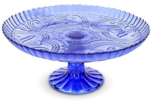 Amici Home Flower Footed Glass Cake Stand | Round Vintage Style Cake Plate | Serving Platter for Cupcakes, Cookies | Dessert Display Stand for Parties, Weddings, and Gift | 10” D x 4” H (Cobalt)