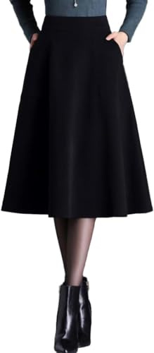 Lazutom Womens High Waist Wool Blend A Line Midi Skirt Vintage Flared Pleated Elastic Waist Skirt with Pockets for Autumn Winter Outfits