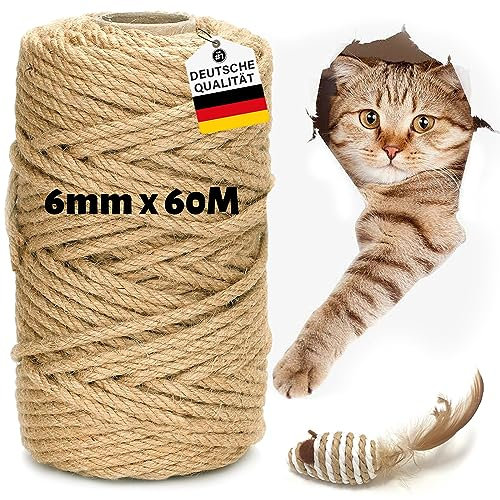 Corde Arbre à Chat, 6MM ×60M Corde en Sisal Naturel, Corde en Sisal pour Arbre à Chat, Naturel Corde Chanvre pour Réparation et Remplacement de Scratch Pilier
