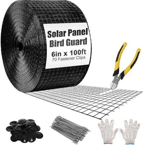 Hoqqf 6in X 100ft Solar Panel Bird Guard - 1/2 Black PVC Mesh Galvanized Rust-Resistant Net, Critter Guard for Solar Panels with 70 Fastener Clips, Gloves, Cutting Pliers