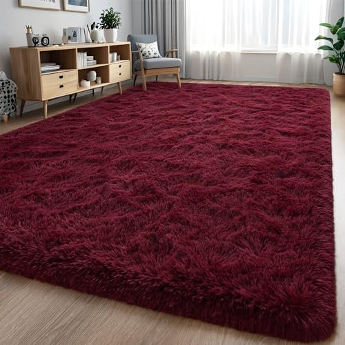 Nuttumico Fluffy Burgundy Red Rug Carpet for Bedroom Living Room, 4x6 Feet High Pile Area Rugs for Boys Kids Girls Decor, Soft Shaggy Plush Cute Floor Rug for Nursery Dorm, Non-Slip
