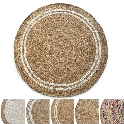 KARAT Jute Teppich rund Bastteppich aus 100% Naturfaser - geflochten Boho Juteteppich, Handgewebter Naturteppich für Küche & Wohnzimmer robust & reißfest Ø 90cm (Mumbai)