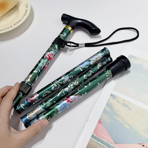 Bastone da passeggio pieghevole, regolabile in altezza, in alluminio, design floreale, durevole, telescopico, leggero, cinque sezioni, escursionismo, all'aperto, portatile, anziani, stampa verde